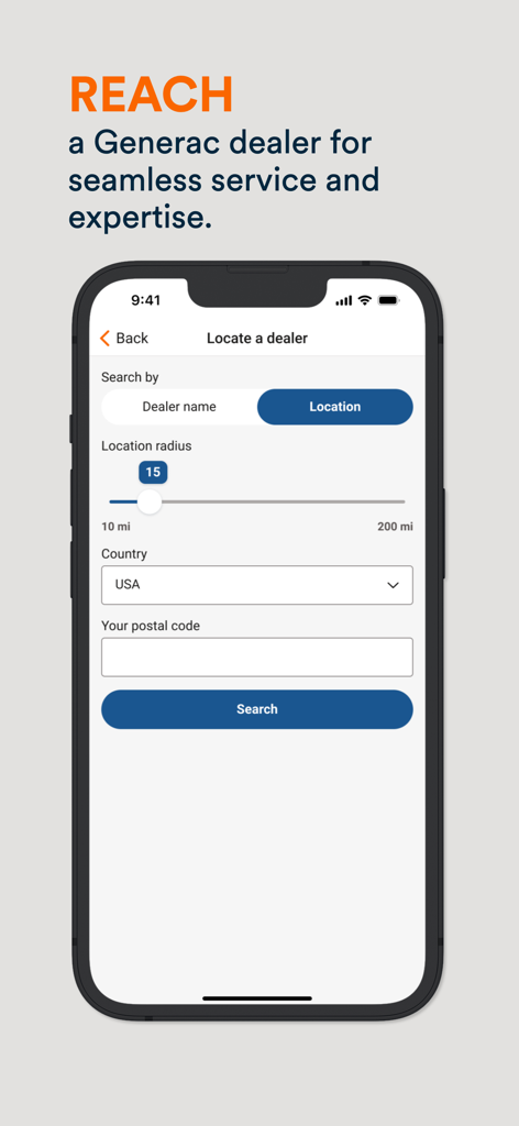 Pantalla en la aplicación Mobile Link que muestra cómo buscar un distribuidor Generac por ubicación y código postal.