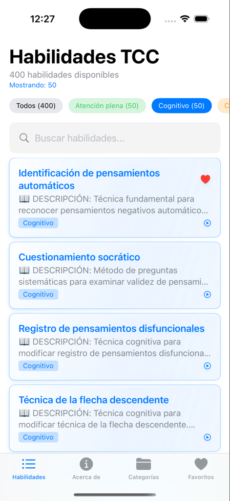 Caja de herramientas de TCC - Interfaz de la aplicación móvil CBT Toolbox que muestra una lista de técnicas de terapia cognitivo-conductual en español
