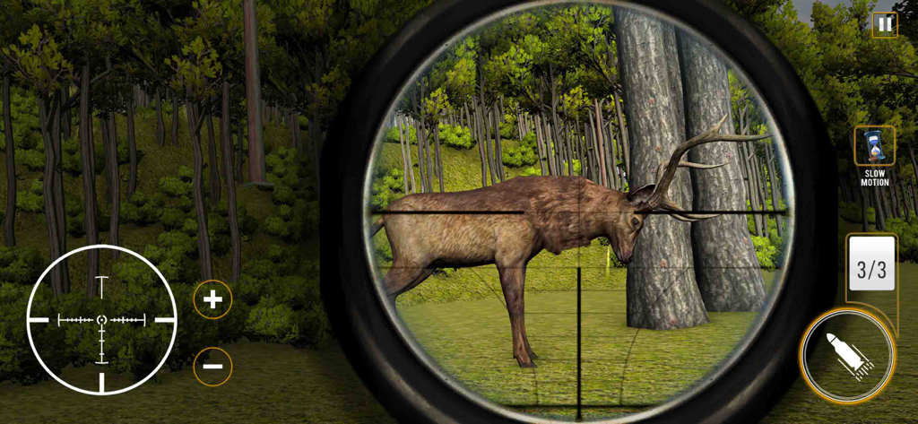Wild Animal Deer Hunting Game - Sniper scope view of a wild deer in a forest hunting game.