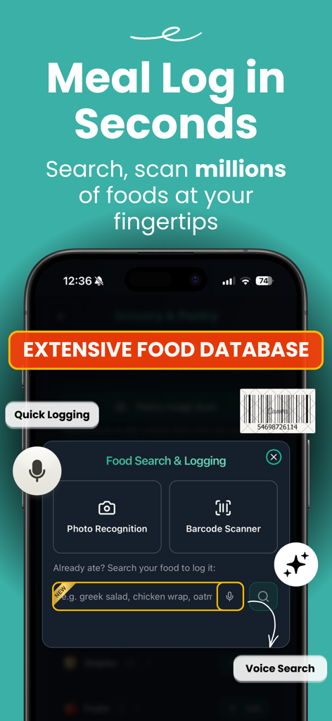 Meal Ark: AI Meal Planner - Meal Ark app interface showing quick meal logging features including photo recognition barcode scanner and voice search