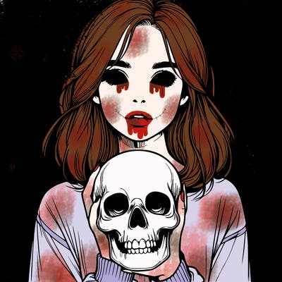 realistic girl holding a skull