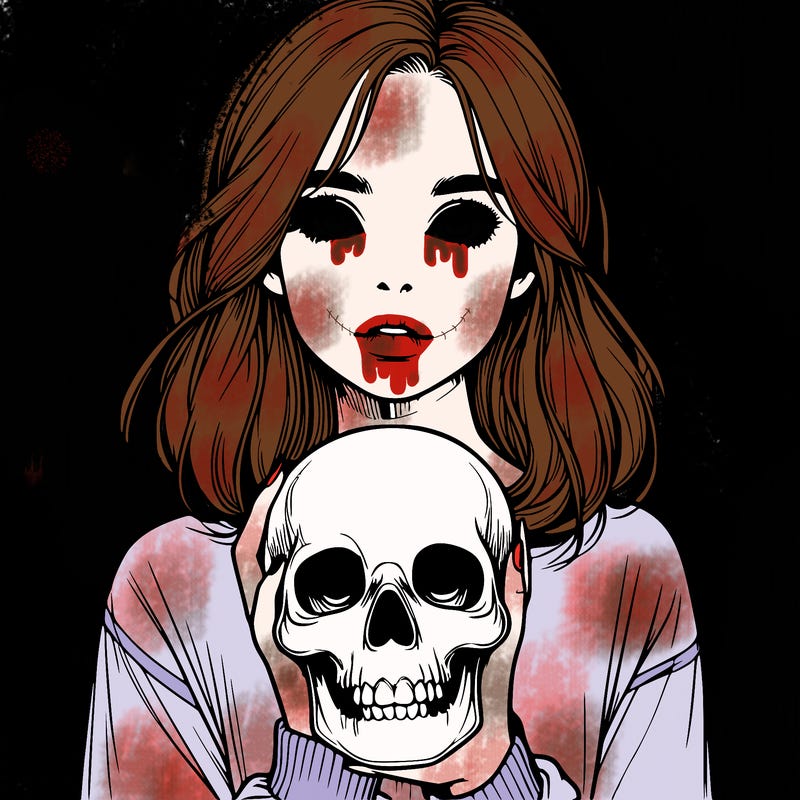 realistic girl holding a skull