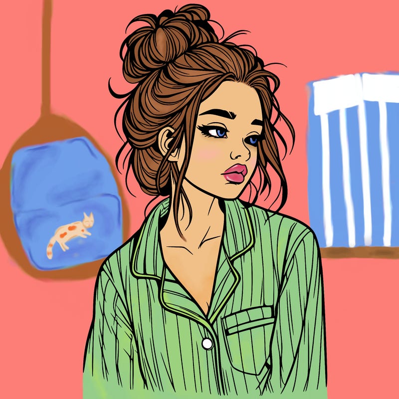 realistic woman with pajamas on and a messy bun