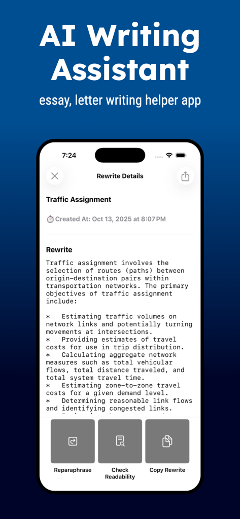 Paraphrase tool: AI Helper - Interface of the AI Writing Assistant showing a rewritten text with options to reparaphrase, check readability, and copy the rewrite.
