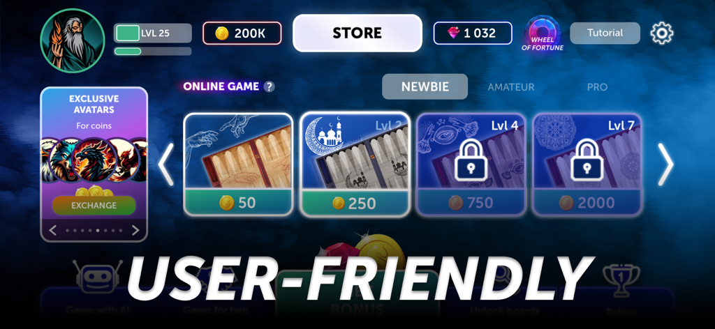 Backgammon Online: Dice Game - Backgammon Online game menu showing themed boards and player progression statistics