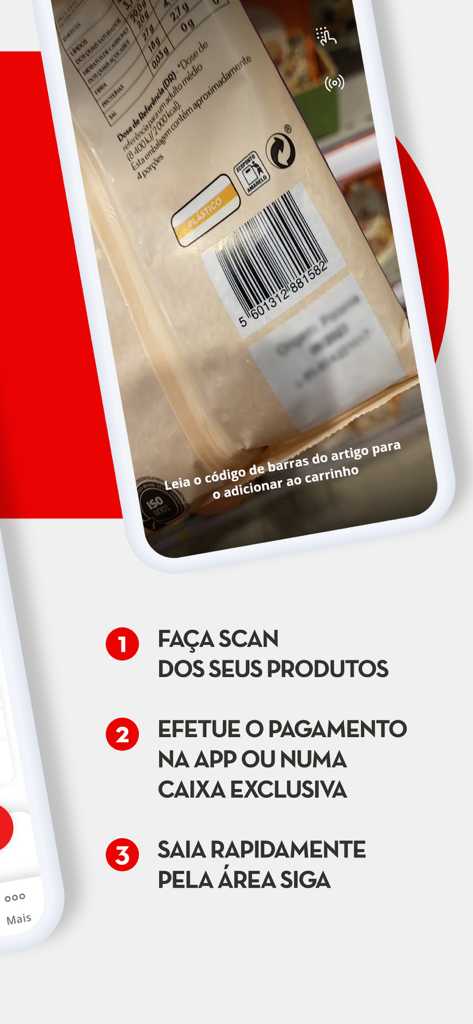 Tutorial steps for scanning products and paying with the Continente Siga app
