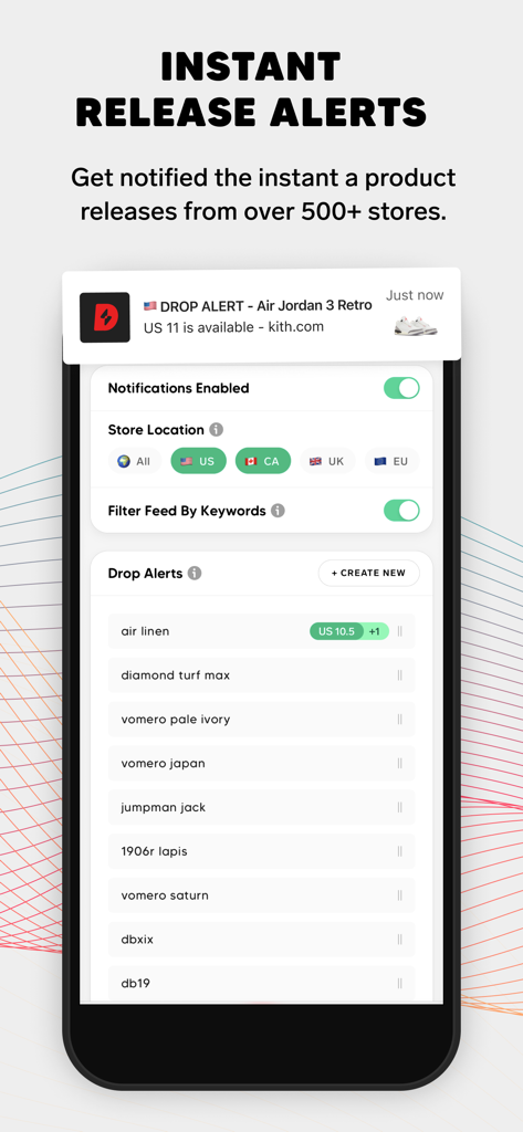 DROPS by SoleSavy - Sneakers - DROPS by SoleSavy app interface showing sneaker release alerts and notification settings.