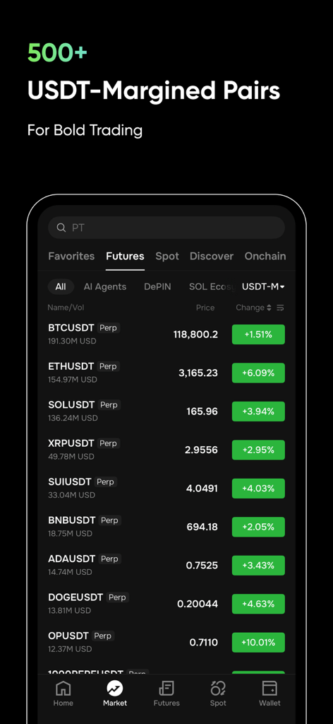 Phemex Pro: Trade BTC & Crypto - Phemex Pro 모바일 앱 인터페이스 - 500개 이상의 USDT 마진 암호화폐 선물 쌍 및 실시간 시장 데이터 목록 표시