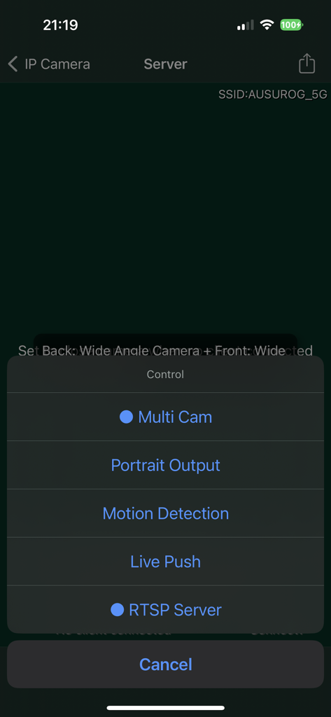 IP Camera Pro - IP Camera Pro app interface showing the control menu with Multi Cam and RTSP Server options enabled