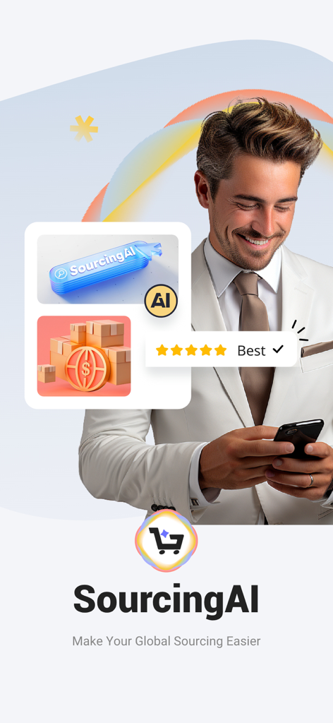 Un hombre profesional usando la aplicación SourcingAI para la adquisición global y el abastecimiento B2B
