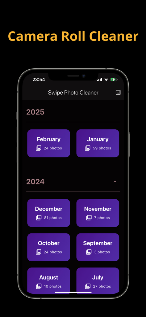 Photo Delete Swipe - Photo Delete Swipe app interface organizing camera roll photos by month and year for easy cleaning