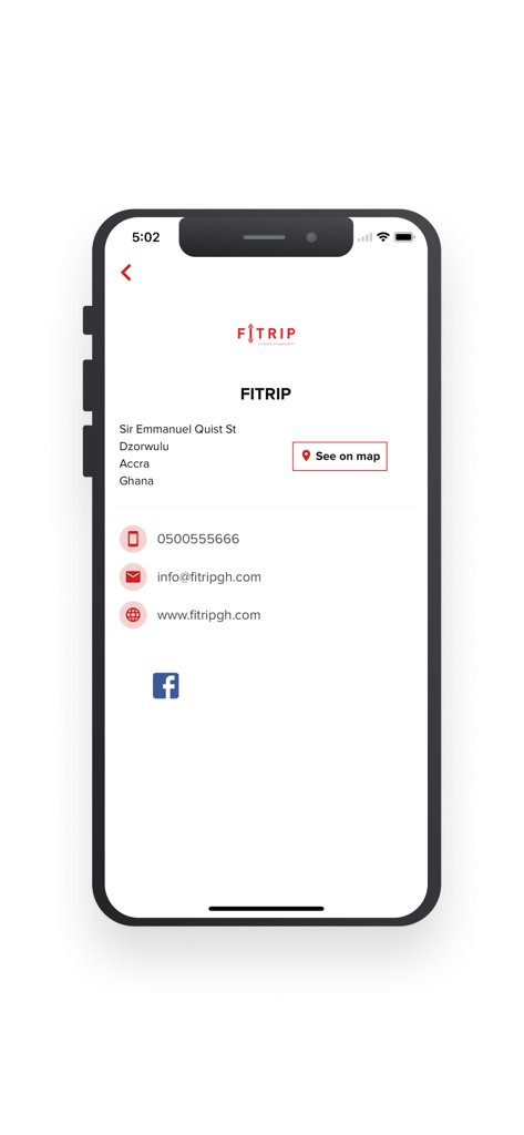 FITRIP - FITRIP app contact screen showing fitness studio address phone number and email information