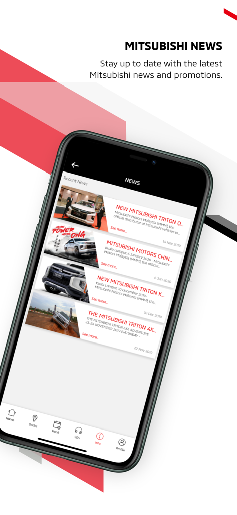 Une capture d'écran de l'application Mitsubishi Connect MY montrant le flux des dernières nouvelles et promotions pour les propriétaires de véhicules Mitsubishi.