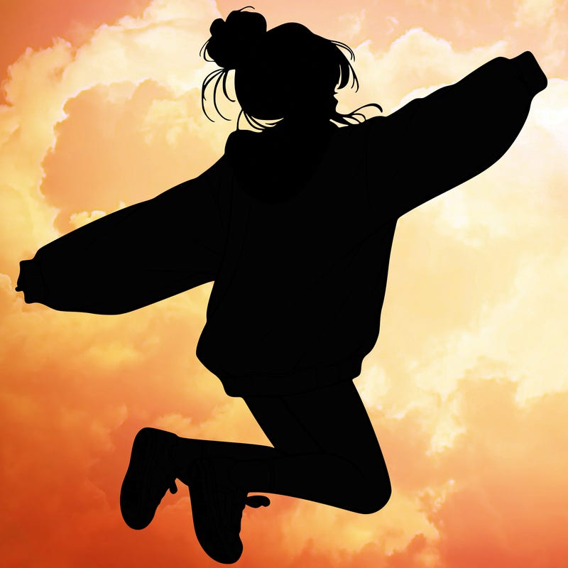 realistic girl jumping with a bun and oversized sweatshirt