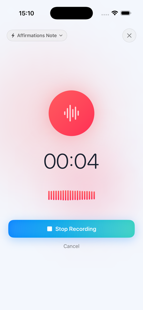 Affirmations - Voicey - 타이머와 중지 버튼이 있는 활성 음성 녹음을 보여주는 Voicey 앱의 인터페이스