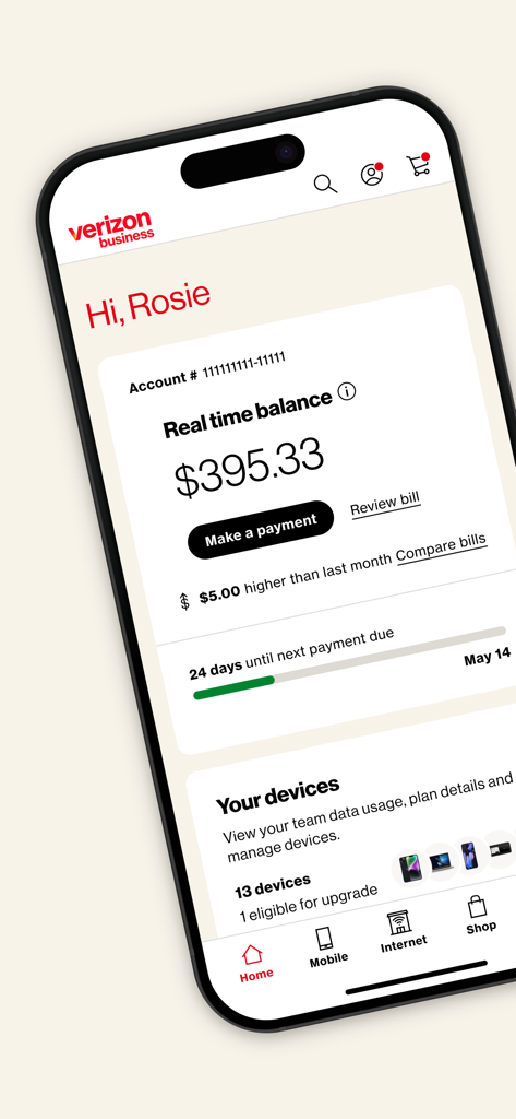 Dashboard dell'app My Verizon For Business che mostra il saldo dell'account e le opzioni di gestione dei dispositivi.