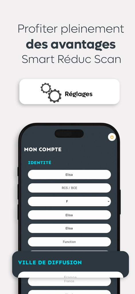 Scan Annonceur Smart Reduc - Merchant account settings and identity details screen within the Smart Reduc Scan app