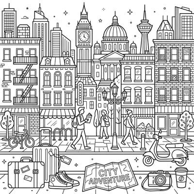 Dive into the excitement of a city vacation with this intricate coloring page, showcasing bustling urban scenes and essential travel elements. Perfect for bringing your dream getaway to life with a splash of color, it captures the spirit of exploration and discovery.