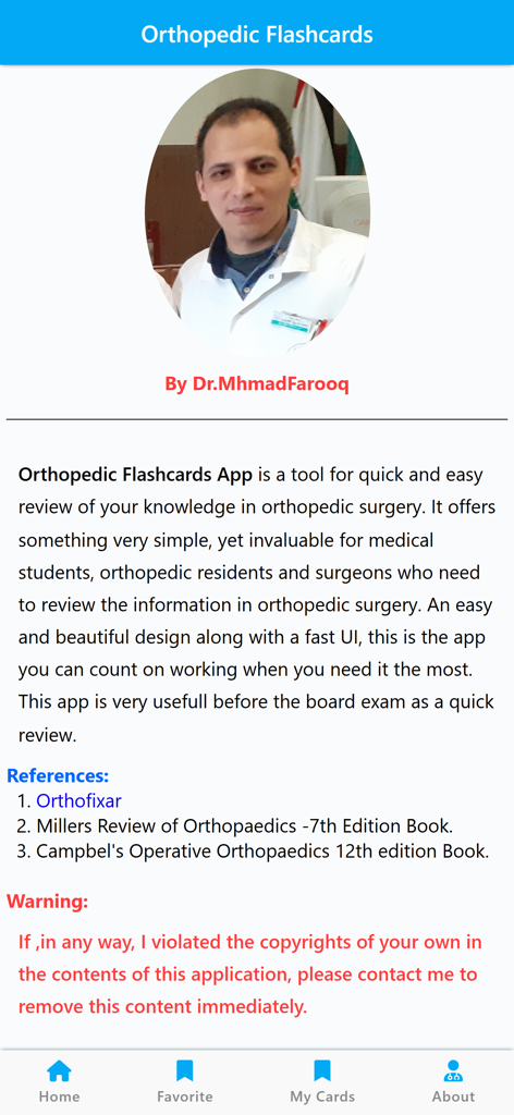 Orthopedic Flash Cards & Notes - Sección "Acerca de" de la aplicación Tarjetas de memoria de ortopedia que muestra una descripción de la herramienta y referencias de estudio para profesionales médicos.