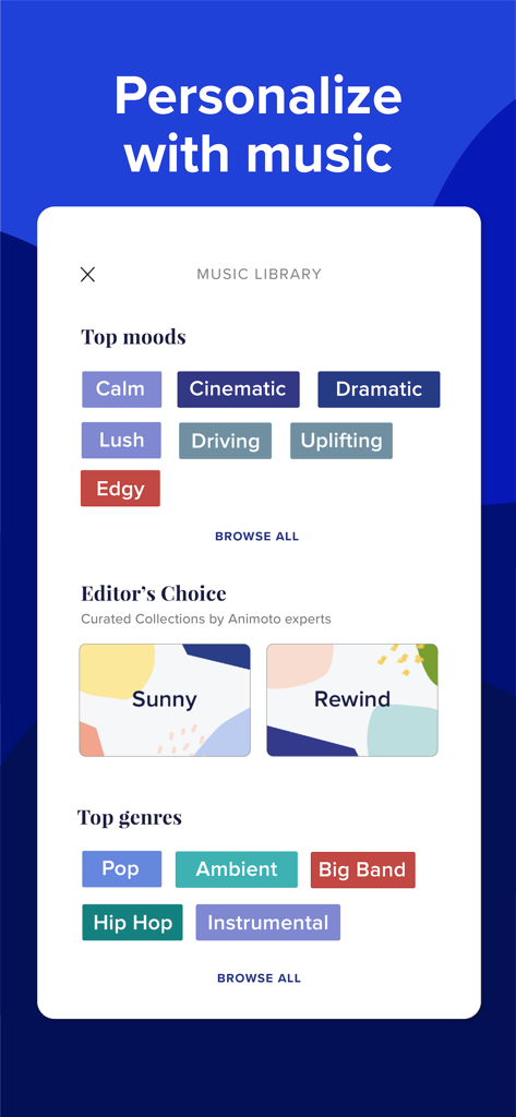 Un écran d'application mobile montrant la bibliothèque musicale d'Animoto avec des catégories pour les ambiances, les choix de la rédaction et les genres pour personnaliser les vidéos.