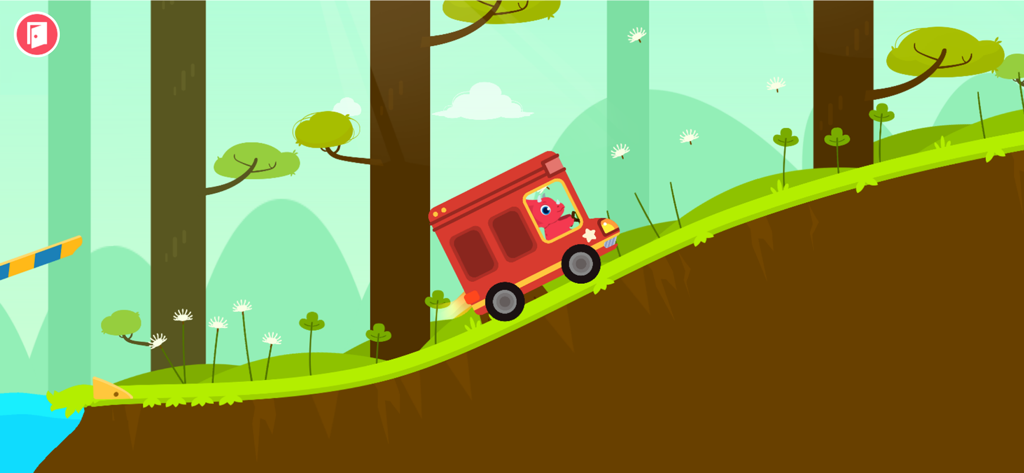 Dinosaur Car games for kids - A cute dinosaur driving a red car up a hill in a cartoon forest