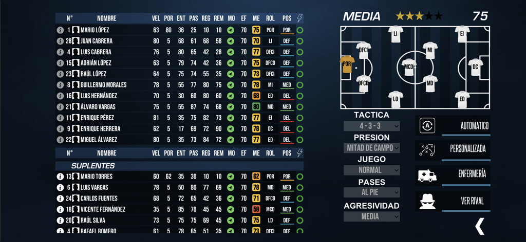 Tactics and roster management screen in F11 Football Manager showing player stats and team formation