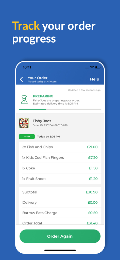 Barrow Eats app screenshot showing real time order tracking and preparation status for a food delivery