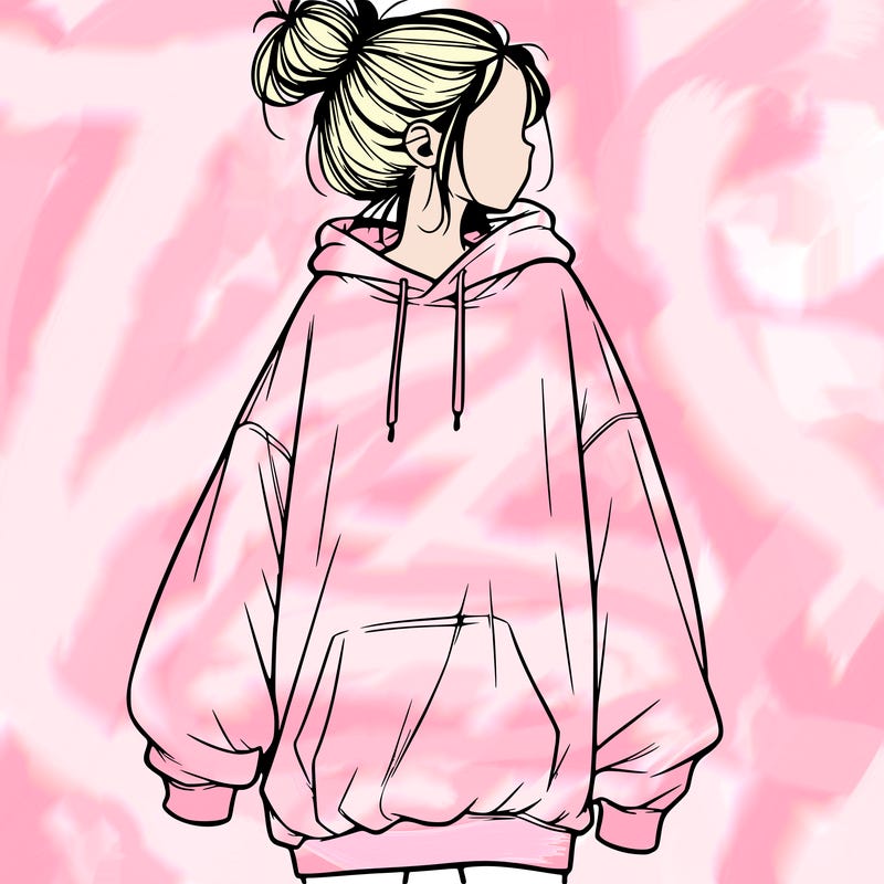realistic girl with a oversized sweatshirt on and a bun