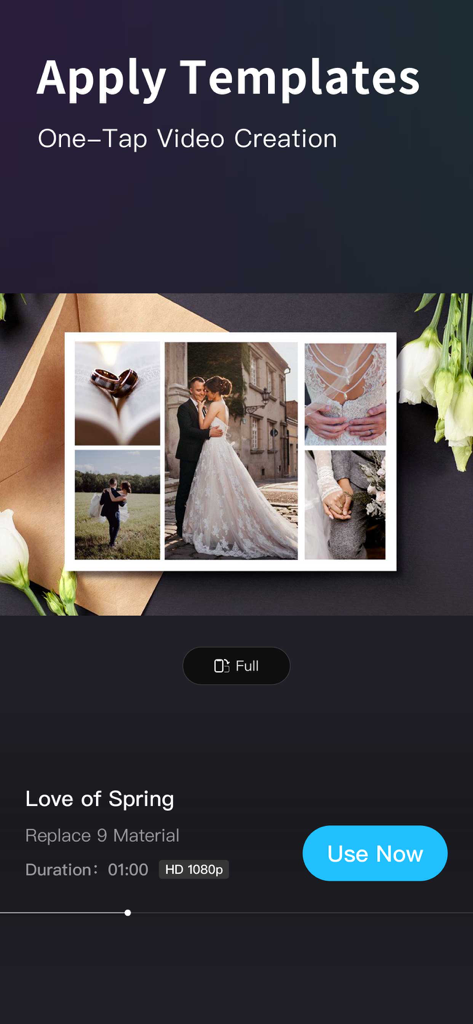 Slideshow Creator -MovieStudio - MovieStudio app interface showing a wedding themed video template with one-tap creation