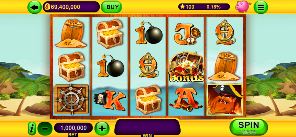 Slots Games: Vegas Slots - 海賊をテーマにしたスロットマシンのインターフェース。宝箱とスピンボタンが表示されています。