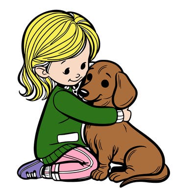 short haired dachshund cuddling with a young girl