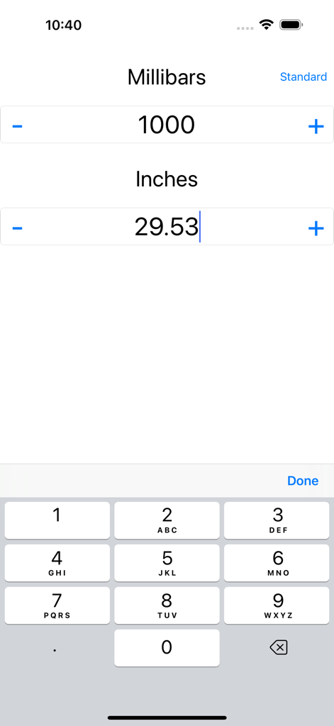Millibar / Inches Calculator - Millibar and Inches Calculator interface displaying 1000 millibars and 29.53 inches