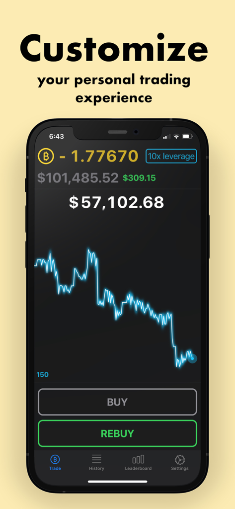 ビットコインシミュレーターアプリのインターフェース。仮想通貨の価格チャートとレバレッジオプションが表示されています