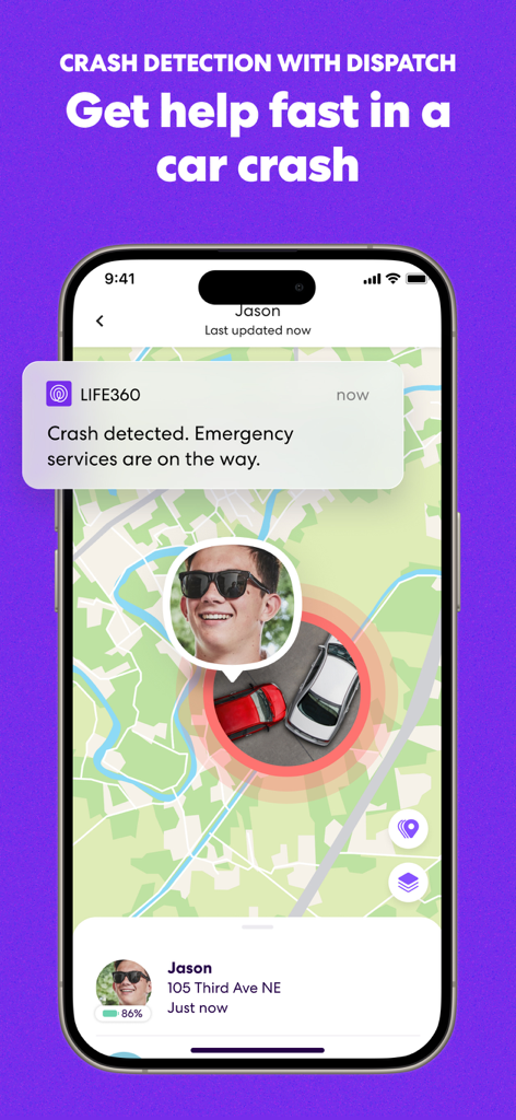 L'interface de l'application Life360 affiche une notification de détection d'accident et l'envoi des services d'urgence sur une carte.