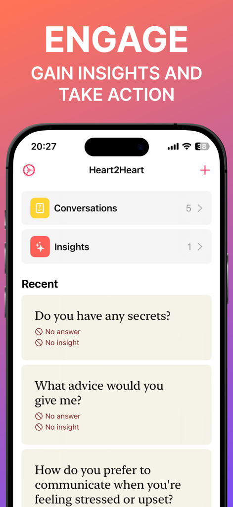 Interface of the Heart2Heart app showing recent relationship questions and conversation insights for couples