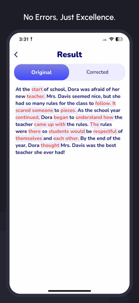 Grammar Check: Spell Corrector - A screenshot of the Grammar Check app displaying a paragraph with highlighted grammatical and spelling errors in the original text view.