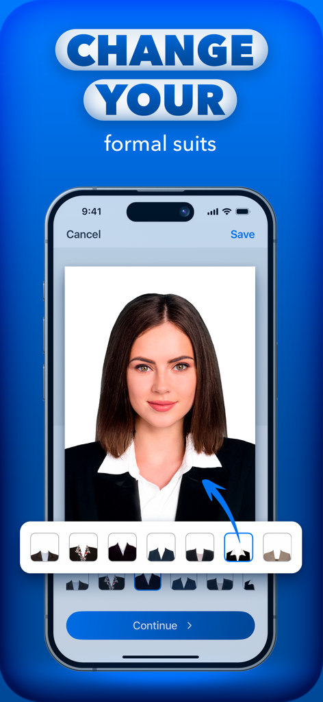 Cutout Pro - Passport ID Photo - Mobile app interface showing how to add a professional formal suit to a passport or ID photo using AI.