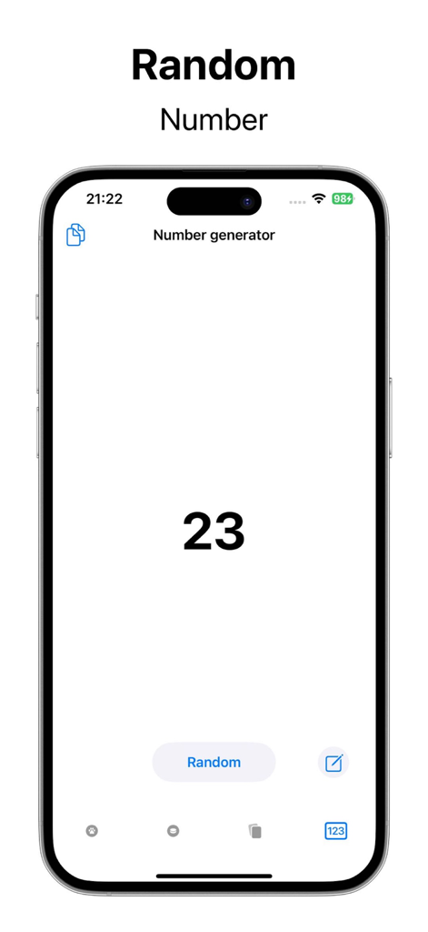 A smartphone interface showing a minimalist random number generator feature within the Tiny Decisions app.