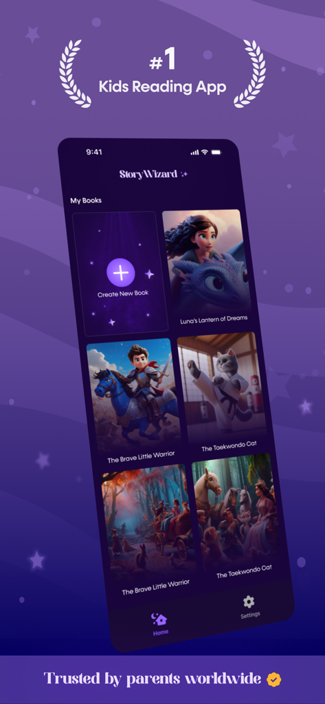 StoryWizard: Create Storybooks - StoryWizard app interface showing a library of personalized childrens books and an option to create a new book