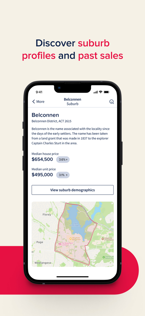 Allhomes Real Estate - Allhomes real estate app showing Belconnen suburb profile with median prices and area map