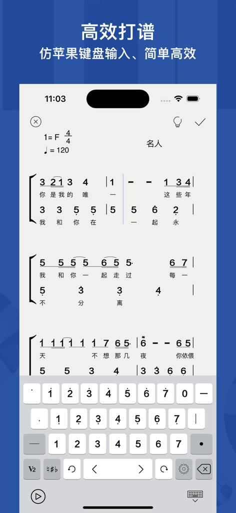 Ein Screenshot einer mobilen App zur Bearbeitung von nummerierten Noten mit einer benutzerdefinierten numerischen Tastatur und chinesischen Texten