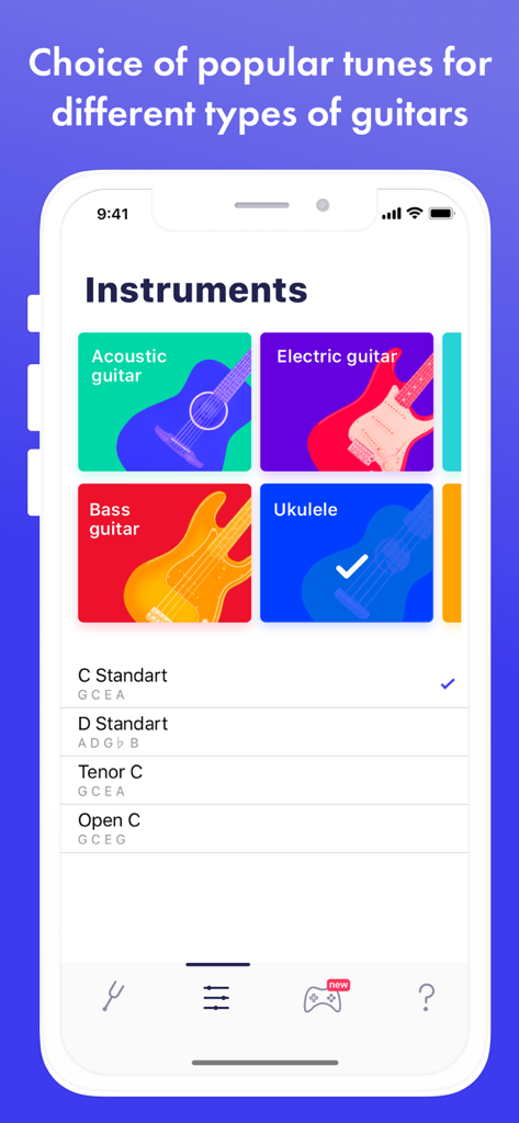 Tuner ONE instrument selection screen for guitar and ukulele