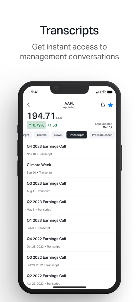 Koyfin: Market Data & Analysis - Koyfin 모바일 앱에 Apple Inc.의 과거 수익 통화 녹취록 목록 표시