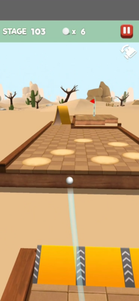 Putting Golf King - A 3D mini golf gameplay screen from Putting Golf King featuring a desert themed stage and an aiming trajectory line.