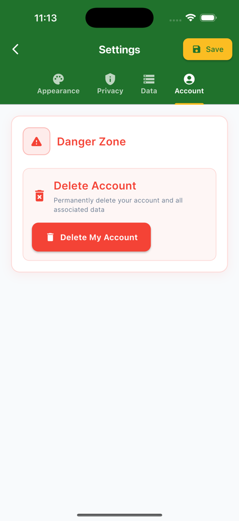 DVLA Ghana - Account settings screen in the DVLA Ghana app showing the delete account option.