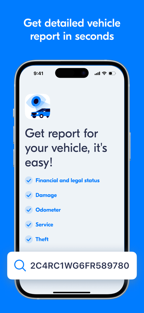 iPhone exibindo recursos de relatório de histórico de carros do App Vin, incluindo verificações de danos e hodômetro