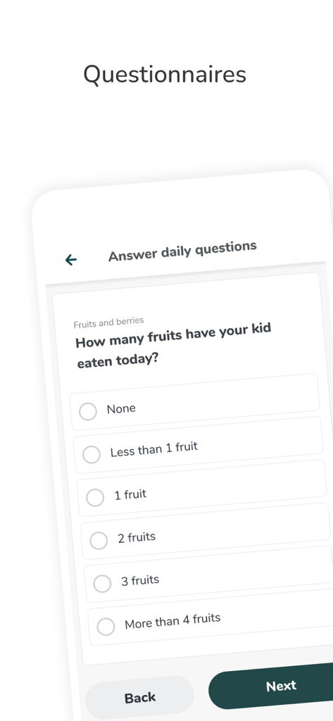 MINISTOP - Daily questionnaire screen in the MINISTOP app for tracking a child's fruit intake