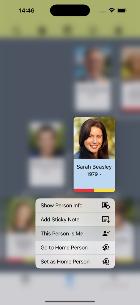 Profile card for Sarah Beasley with a menu showing options to view person info add a sticky note or set as home person in the Family Tree Maker Connect app