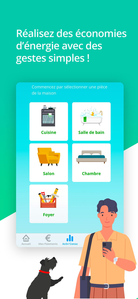 ENGIE Gaz Passerelle app interface showing room selection for energy saving tips