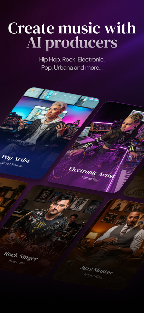 Napster - AI Music & Experts - Interface of Napster app featuring AI music producers for various genres like Pop Electronic Rock and Jazz